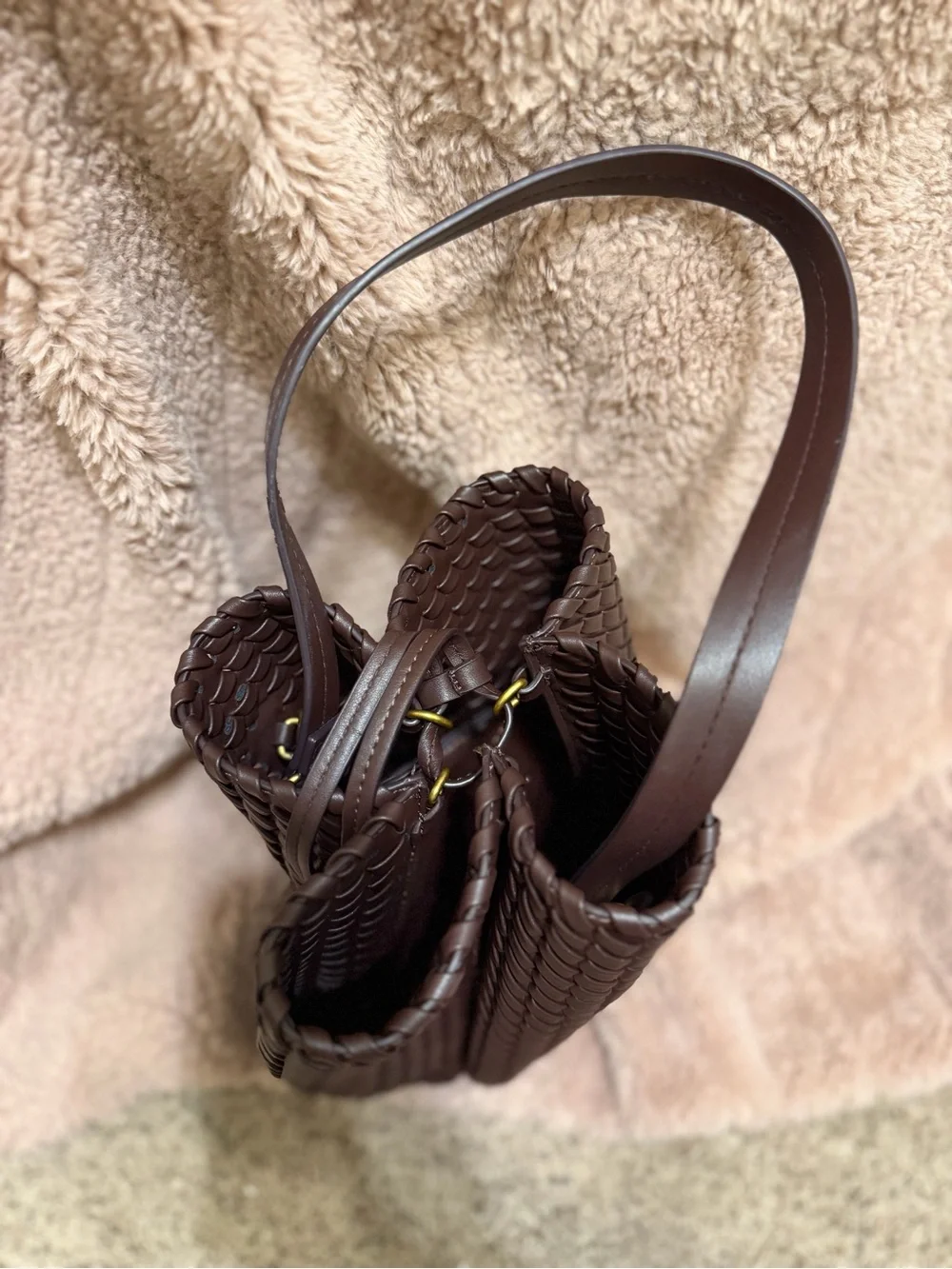 ZARA Braided Woven Bucket Bag Chocolate Brown Shoulder Bag